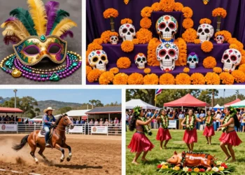 A vibrant collage of four North American festivals: Mardi Gras with colorful masks and beads in New Orleans, Day of the Dead altars with marigolds and sugar skulls in Mexico, Calgary Stampede with cowboys and rodeo action, and a lively Hawaiian luau with hula dancers and a pig roast. Bright colors, diverse landscapes, festive atmosphere.