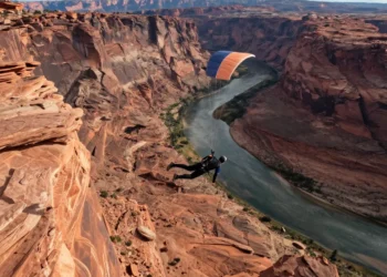 A breathtaking aerial view of a person base jumping from a cliff in Moab, Utah, with red rock formations and a river below, dramatic lighting, hyper-realistic style, wide-angle shot.