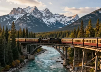 A scenic train journey through the Rocky Mountains in Canada, with a vintage steam locomotive crossing a high trestle bridge over a turquoise river, surrounded by snow-capped peaks and dense pine forests, golden hour light, photorealistic style, wide angle view.