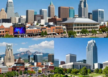A vibrant collage of four modern North American cities: Austin (Texas) with a skyline and a live music scene, Nashville (Tennessee) with the Ryman Auditorium and a guitar, Denver (Colorado) with the Rocky Mountains in the background, and Charlotte (North Carolina) with a modern bank tower and green parks. Photorealistic, bright daylight, high detail, wide panoramic view, contemporary architecture and nature blend.