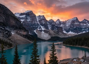 A panoramic view of the Rocky Mountains in Canada at sunset, with snow-capped peaks reflecting in a turquoise lake (Moraine Lake), pine trees in the foreground, vibrant orange and pink sky, photorealistic style, high detail, dramatic lighting.