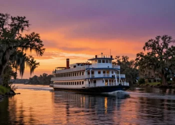 A majestic paddlewheel steamboat cruising on the Mississippi River at sunset, with ancient oak trees draped in Spanish moss lining the riverbanks, against a vibrant orange and purple sky, hyper-realistic photography style, detailed reflections on water, National Geographic quality