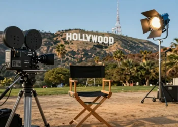 A vibrant cinematic scene showcasing a film director's chair in front of a large Hollywood sign with mountains in the background, surrounded by classic movie cameras and lighting equipment on an outdoor film set. Include elements of nature like palm trees and a clear blue sky. Realistic photography style, wide angle, golden hour lighting.