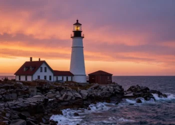 A dramatic seascape photograph of the Portland Head Lighthouse in Maine, USA, at sunset. The white stone lighthouse stands on a rocky cliff overlooking the Atlantic Ocean. Waves crash against the rocks below, and the sky is painted in shades of orange, pink and purple. The scene is majestic, with a sense of solitude and maritime history. High resolution, hyper-realistic, cinematic lighting.