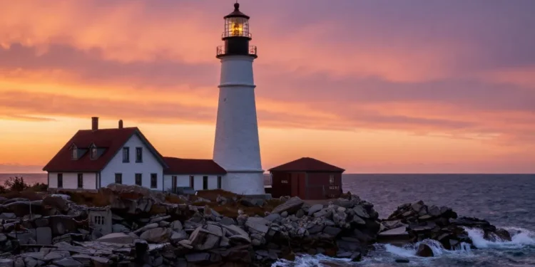 A dramatic seascape photograph of the Portland Head Lighthouse in Maine, USA, at sunset. The white stone lighthouse stands on a rocky cliff overlooking the Atlantic Ocean. Waves crash against the rocks below, and the sky is painted in shades of orange, pink and purple. The scene is majestic, with a sense of solitude and maritime history. High resolution, hyper-realistic, cinematic lighting.