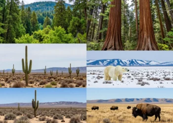 A collage of diverse North American ecosystems: lush green Pacific Northwest forest with giant sequoias, arid Sonoran desert with saguaro cacti, snowy arctic tundra with polar bear, and Great Plains with bison, all in vibrant realistic style with clear sky and sunlight.